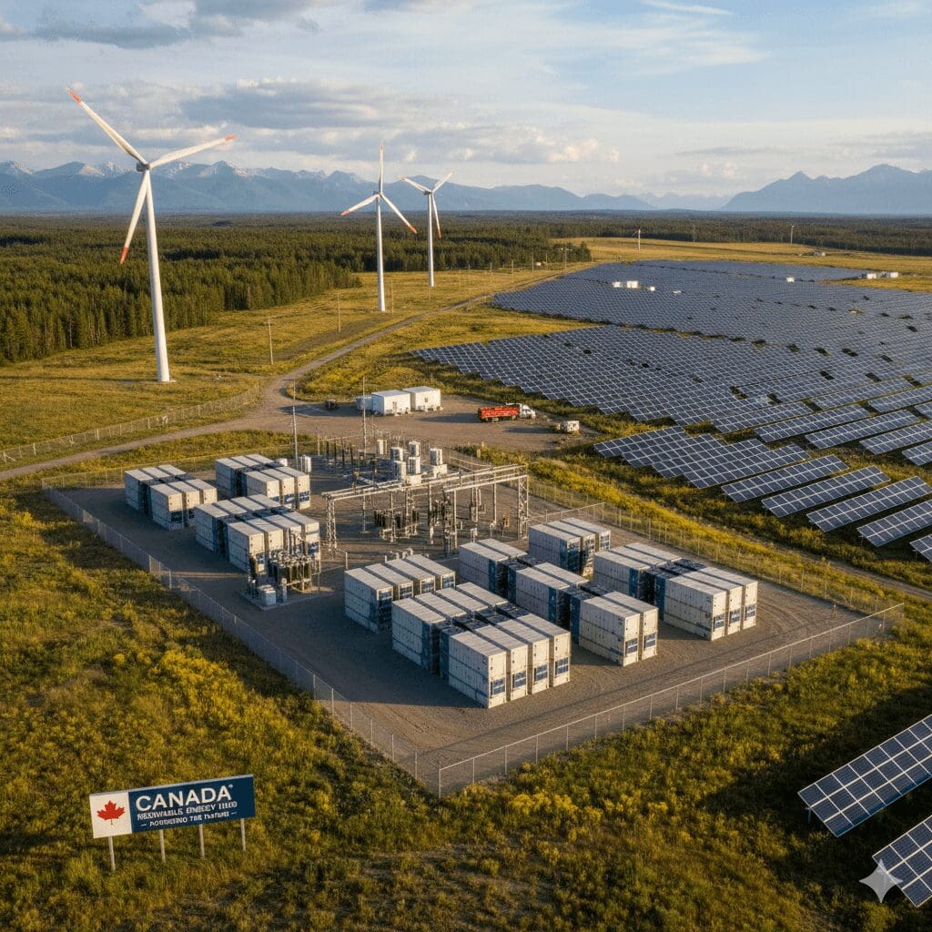 Hybrid Wind-Solar-Plus-Storage Facility in Canada: Battery Energy Storage Systems (BESS) firm intermittent renewables, enabling dispatchable clean power around the clock.