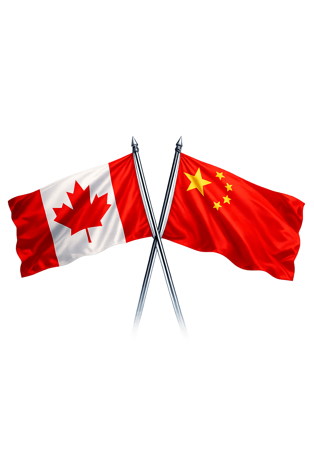 Intertwined Canadian and Chinese flags symbolizing the 2026 bilateral trade agreement on electric vehicles, canola tariffs, and economic cooperation.