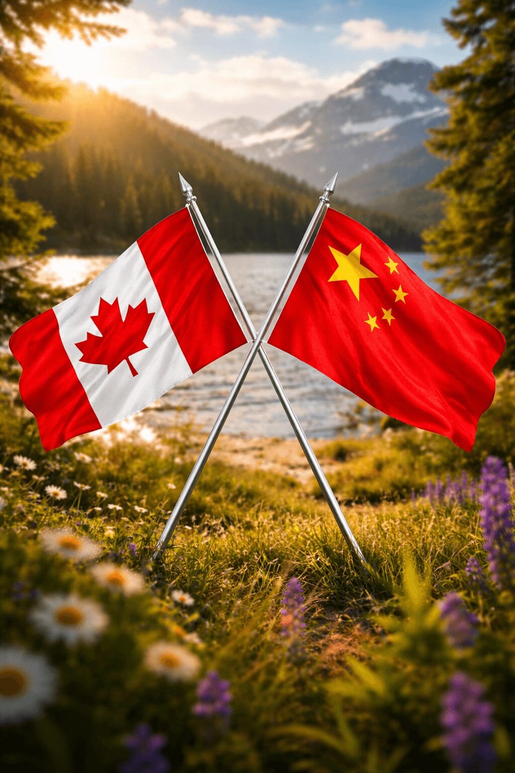 Intertwined Canadian and Chinese flags symbolizing the 2026 bilateral trade agreement on electric vehicles, canola tariffs, and economic cooperation.