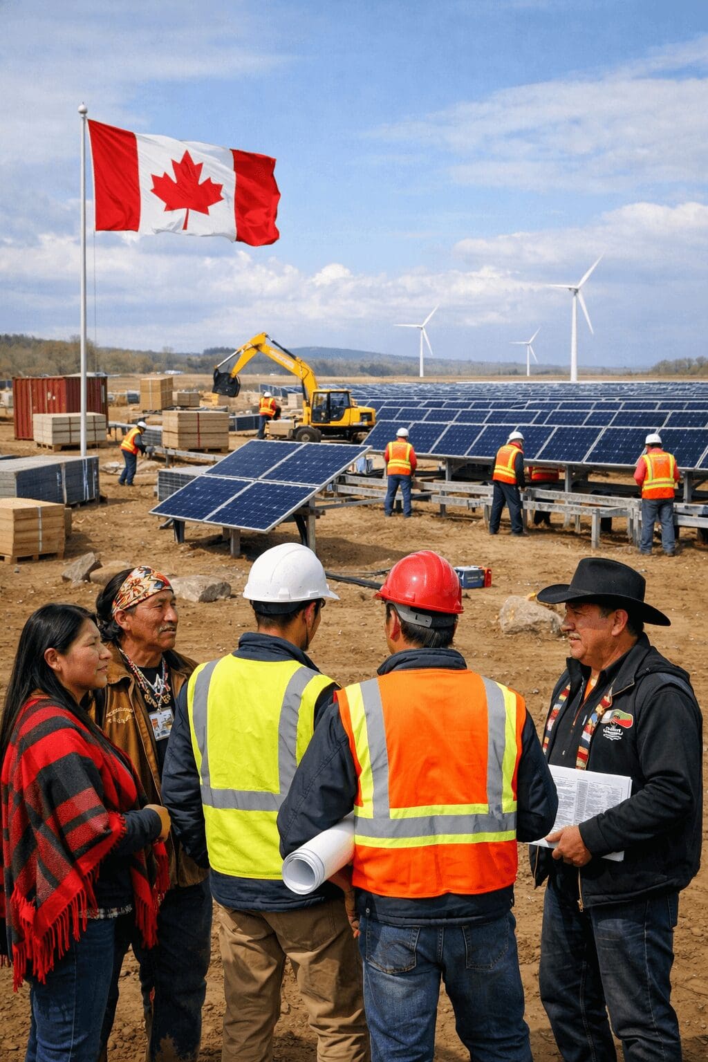 Engineers, Indigenous partners, and construction workers collaborating at a Canadian solar farm under construction, with partially installed solar panels in the background.