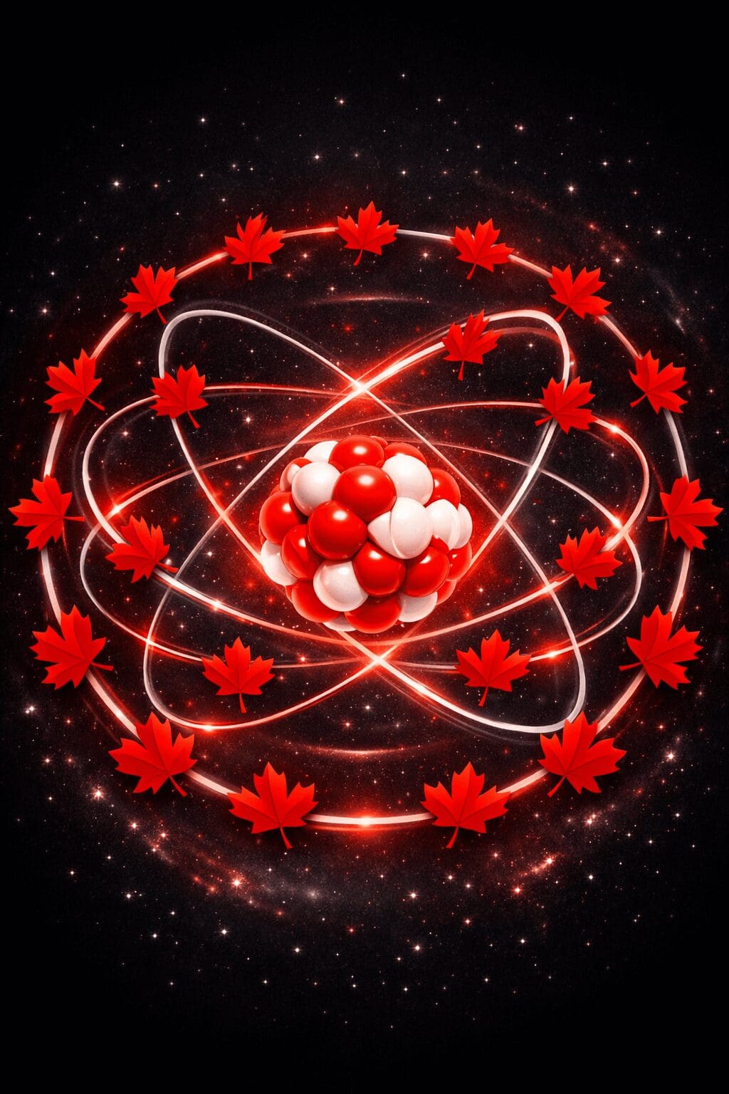 Stylized Bohr model atom with red Canadian maple leaves orbiting the nucleus as electrons, symbolizing Canada's innovative nuclear industry.