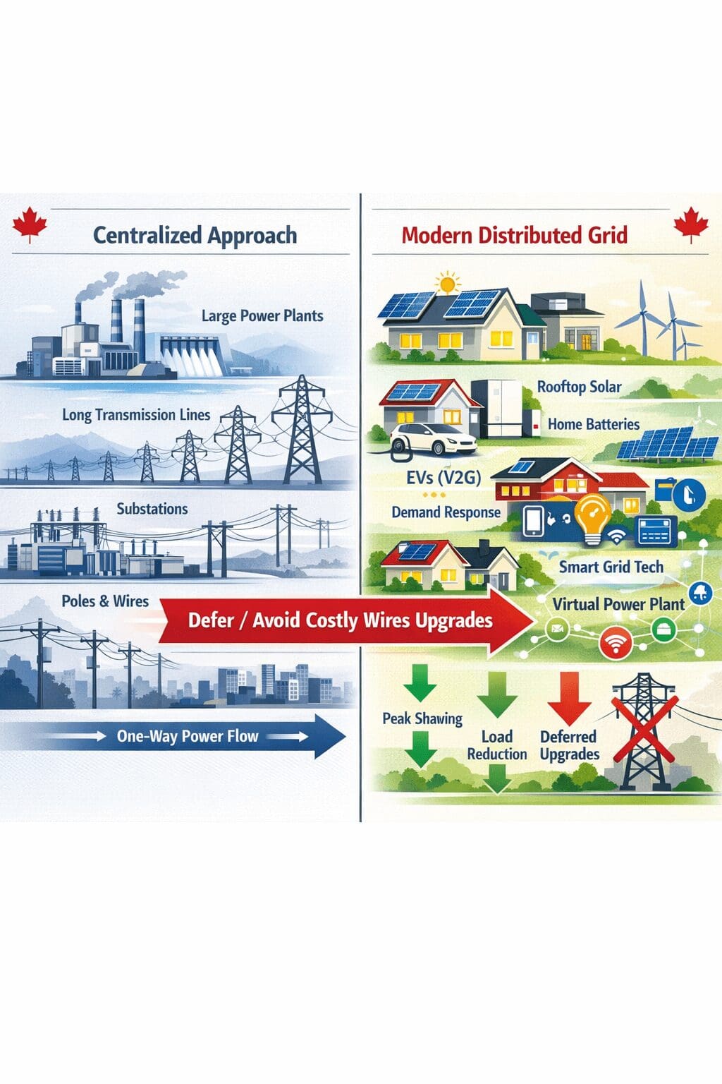 Infographic comparing traditional centralized grid with power lines and substations to modern non-wires alternatives using rooftop solar, batteries, EVs, and virtual power plants for grid modernization and cost savings