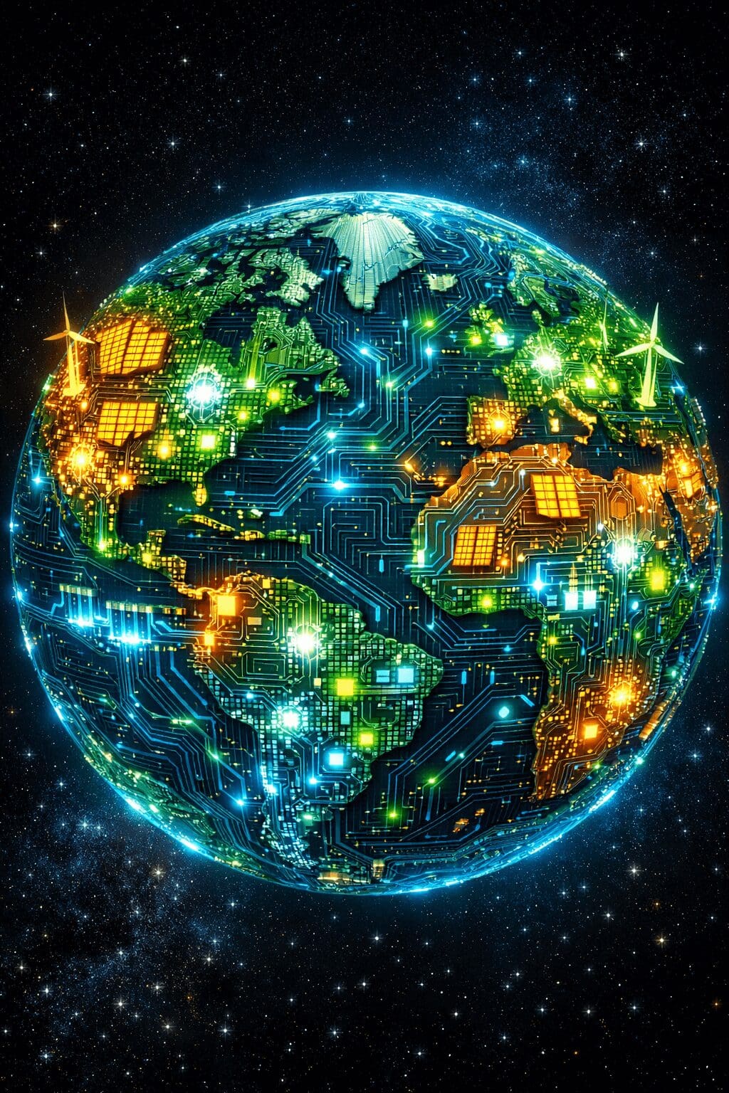 Futuristic illustration of planet Earth as a glowing circuit board, with renewable energy sources like solar and wind as connected nodes and cities as bright hubs in a fully green, electrified global network.