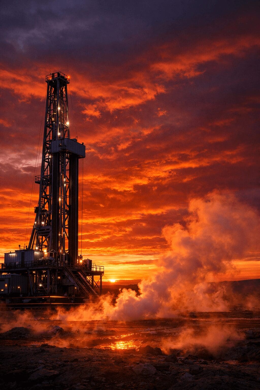 Modern geothermal drilling rig silhouetted against a glowing orange sunset, representing deep‑earth heat and next‑generation clean energy.