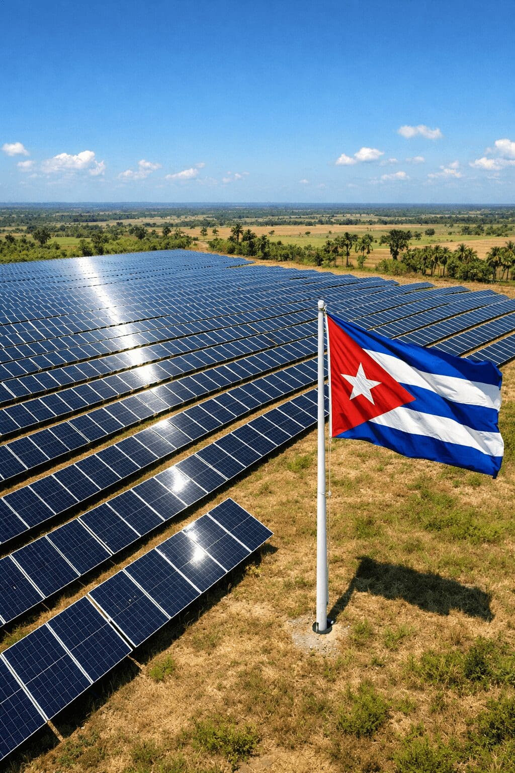 Aerial drone view of a large solar photovoltaic park in rural Cuba, with rows of shiny panels under bright sun and a Cuban flag waving on a tall pole at the edge, symbolizing energy independence.
