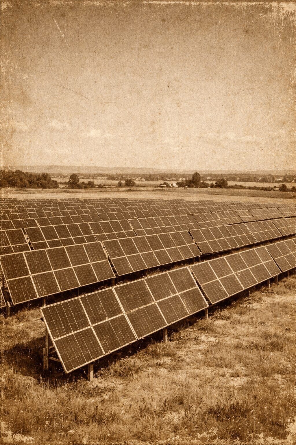 Vintage sepia-toned photograph of a solar panel farm in a rural landscape, evoking the enduring longevity of solar technology beyond 25-year myths.