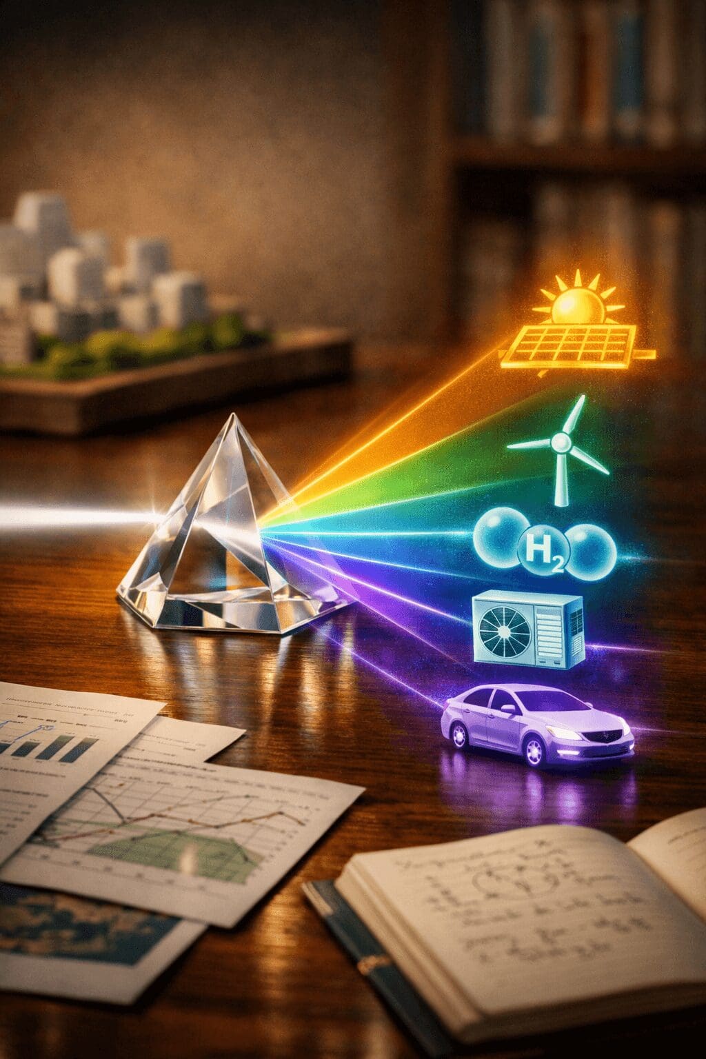 A glass prism on a desk refracting a beam of light into holographic icons of solar panels, a wind turbine, hydrogen molecule, heat pump, and electric car, symbolizing energy transition data.