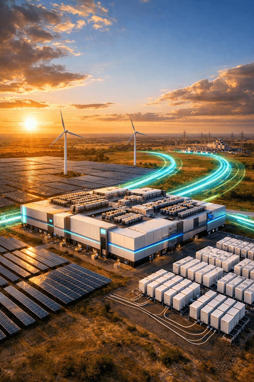 Futuristic hyperscale data center microgrid with on-site solar arrays, wind turbines, and battery storage supplying power back to the local grid