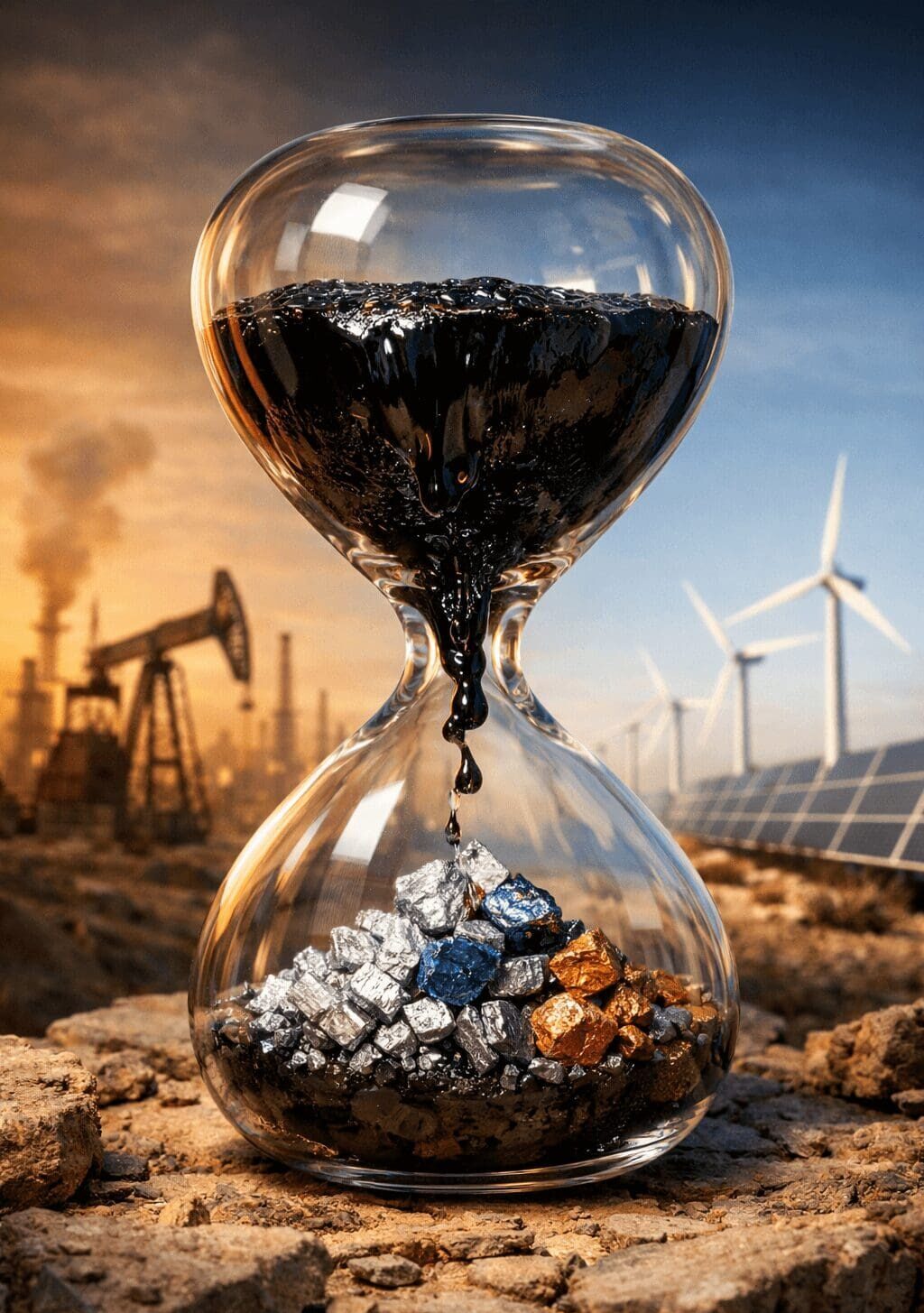 A hyper-realistic hourglass showing dark crude oil in the top bulb transforming into raw lithium, cobalt, and copper ore in the bottom bulb, set against a backdrop of oil rigs and wind turbines.