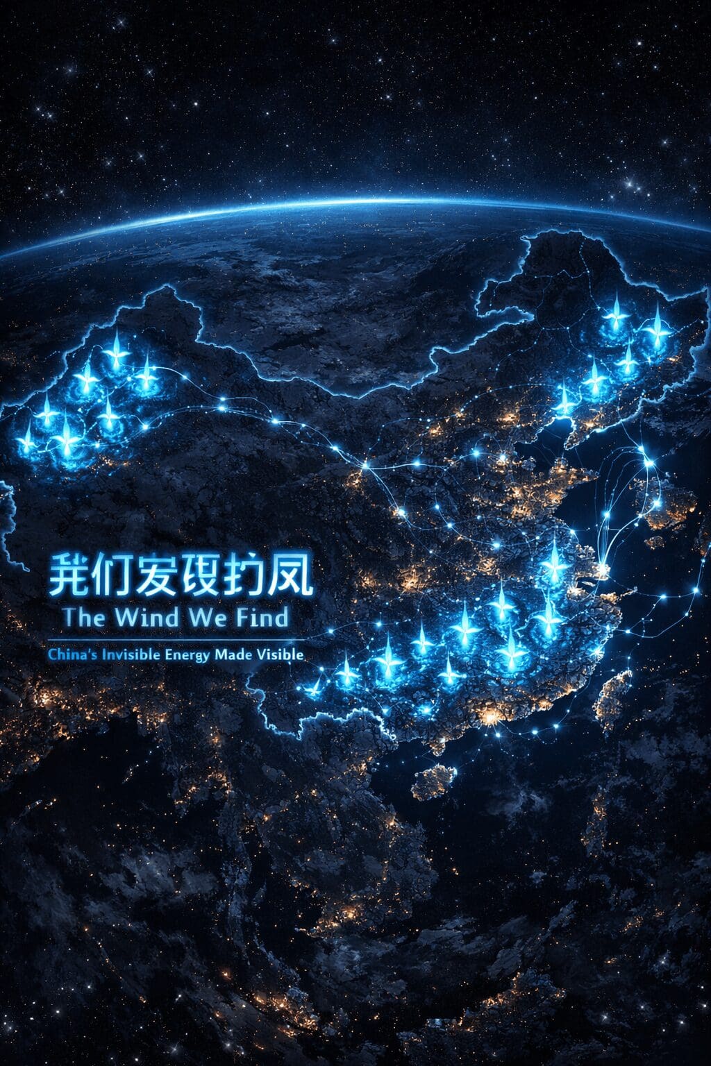 A conceptual map of China at night showing glowing neon blue energy pulses representing massive wind farm locations across the Gobi desert and coastline.