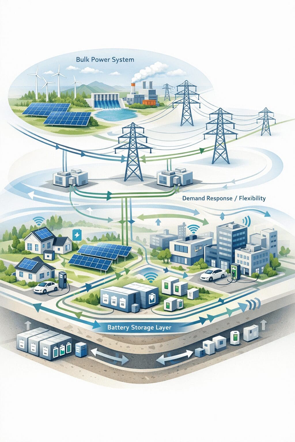 Hybrid energy system showing centralized power plants, transmission grid, distributed energy resources, storage, and demand response interacting in a modern electricity network