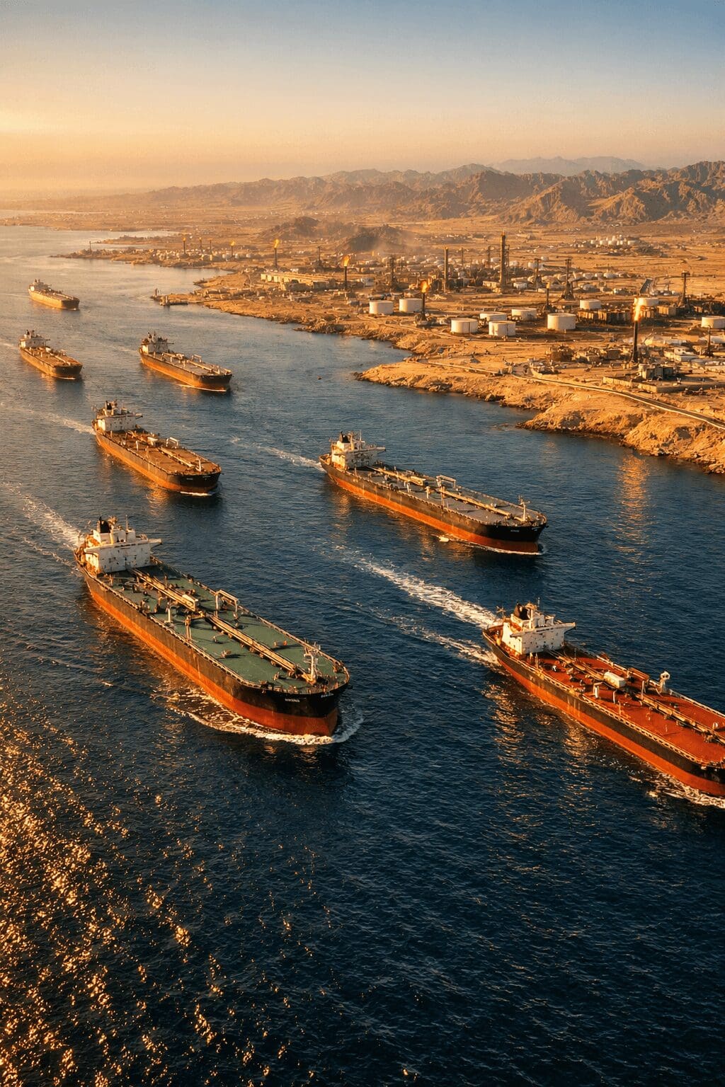 Aerial view of oil tankers navigating the narrow Strait of Hormuz with Middle East oil fields visible in the background, illustrating geopolitical risks to global energy supply.