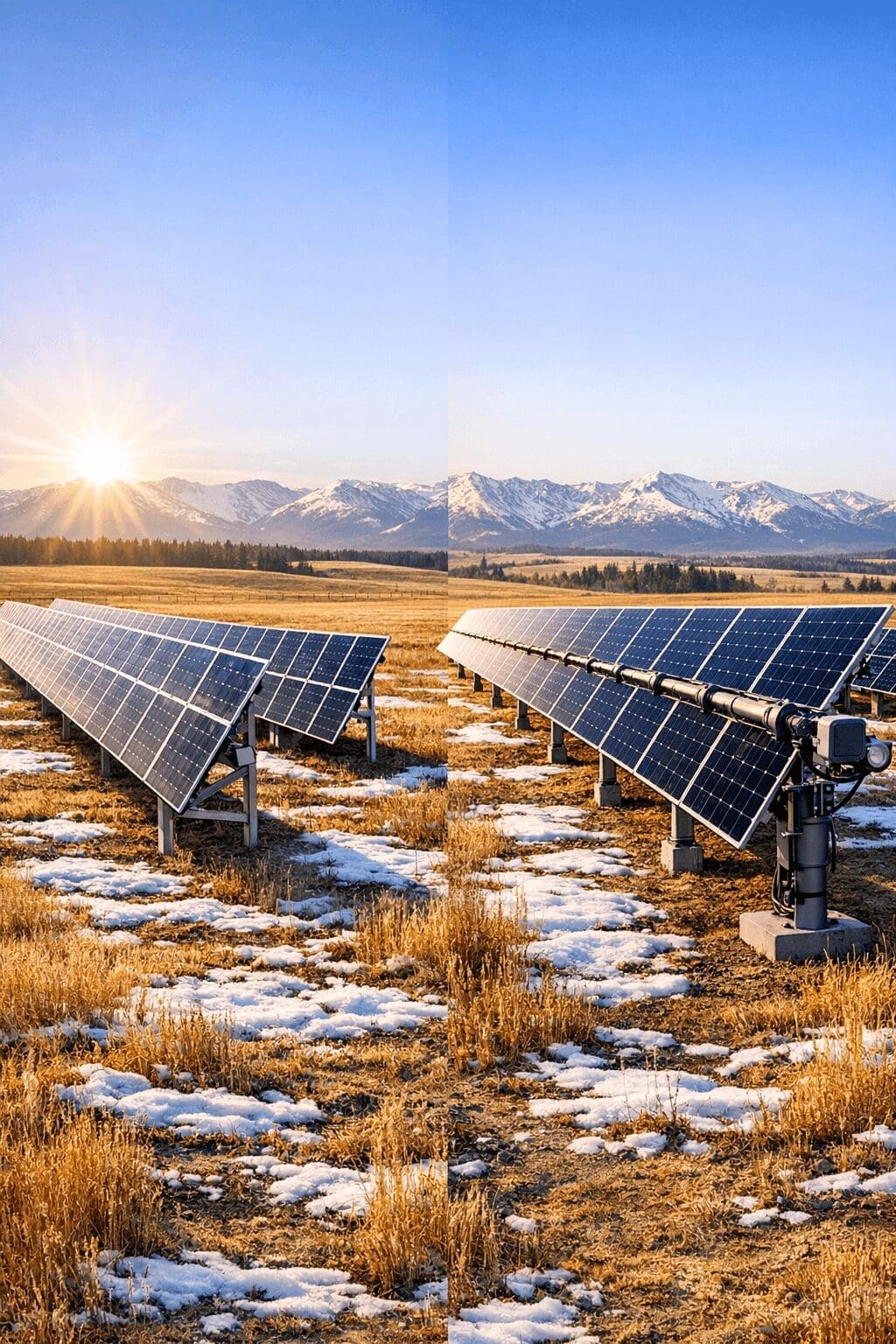 Hyper‑realistic image showing fixed‑tilt and single‑axis tracker solar panels in a snowy Canadian prairie landscape.