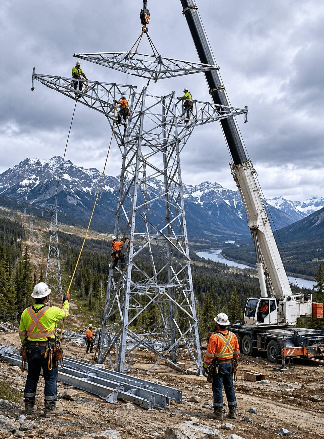 Electrical lineworkers in high-visibility safety gear installing a steel lattice high-voltage transmission tower using a crane in a rugged Canadian mountain landscape under overcast skies.
