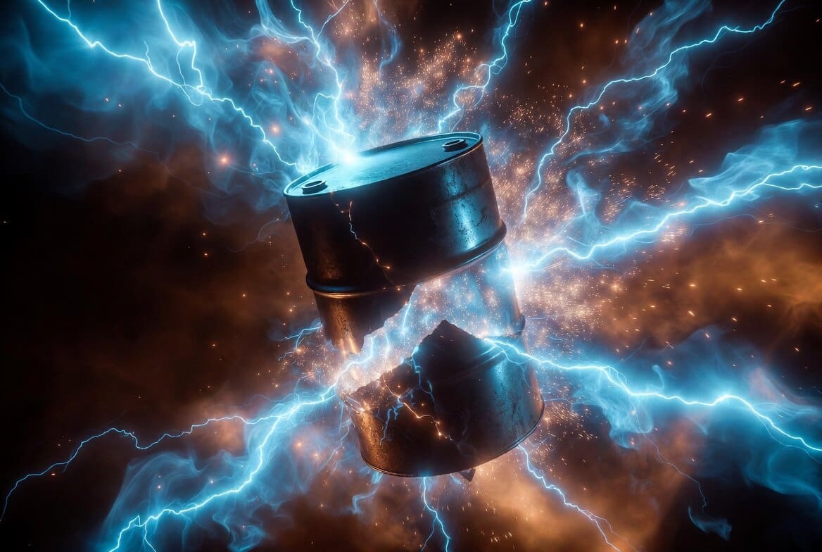 Dramatic image of an oil barrel cracking open and transforming into streams of blue electric energy and light, symbolizing the shift from fossil fuels to electrification