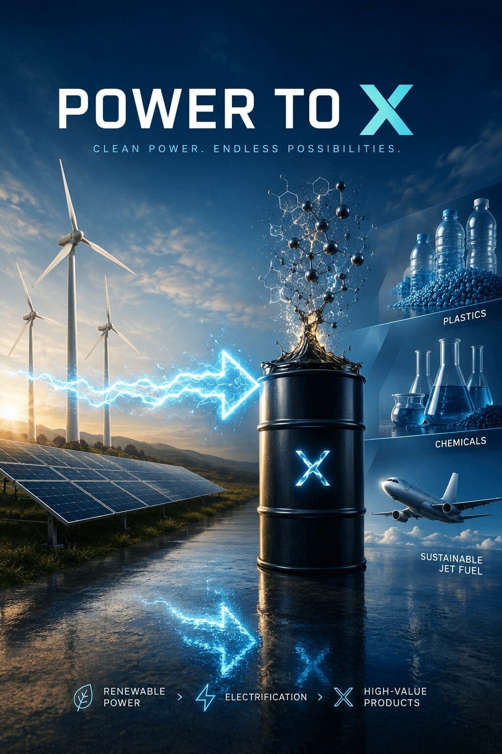 Power to X symbol showing renewable energy transforming hydrocarbons into high-value products like jet fuel, plastics and chemicals