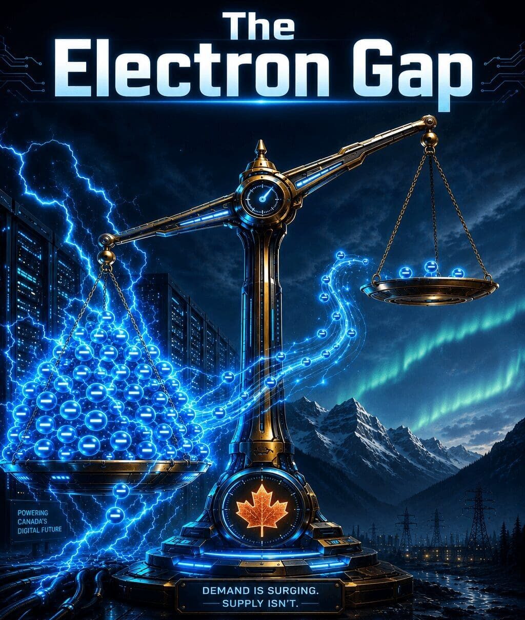 Dramatic balance scale illustrating Canada’s Electron Gap — surging electricity demand heavily outweighing supply