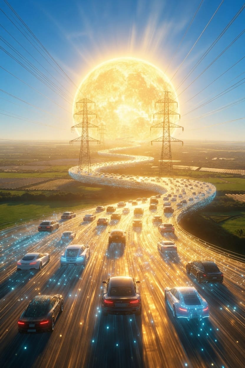 Photorealistic image of power lines forming a glowing road curving toward a massive bright sun, with electric vehicles and data streams flowing along the path, symbolizing demand following solar power.