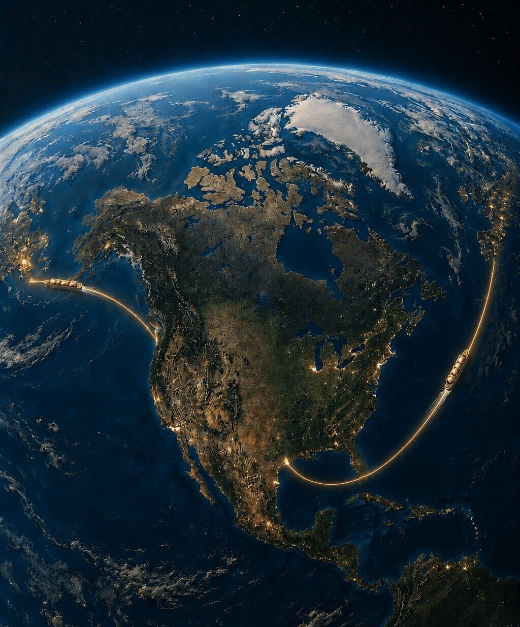 Cinematic orbital view of North America showing glowing golden LNG shipping routes across the Pacific and Atlantic oceans, with two LNG tankers in transit.