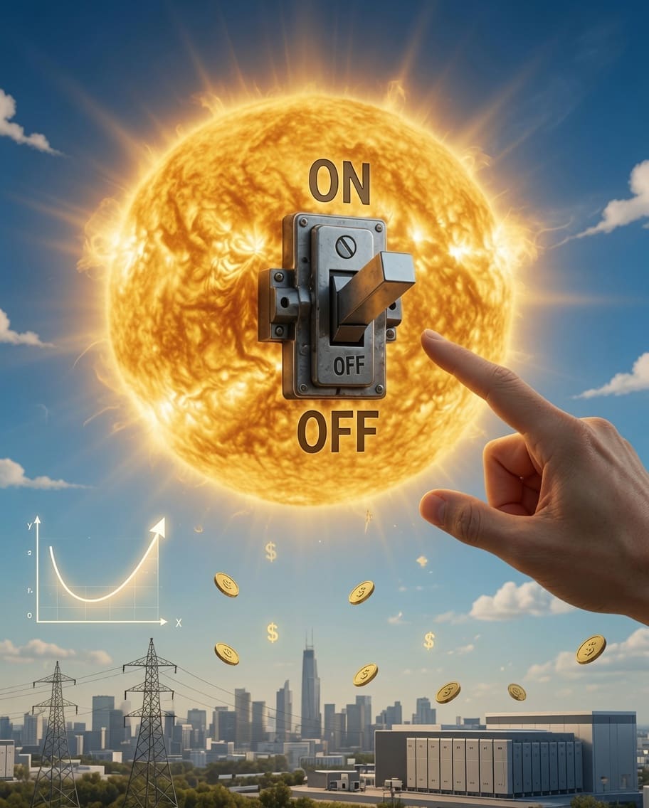 Surreal photorealistic image of a giant sun with a large industrial light switch being turned to OFF by a human hand, symbolizing solar curtailment. Below is a modern city skyline with battery storage facilities, power lines, a duck curve graph, and floating dollar coins. Illustrates energy market dynamics and overbuilding of solar power.