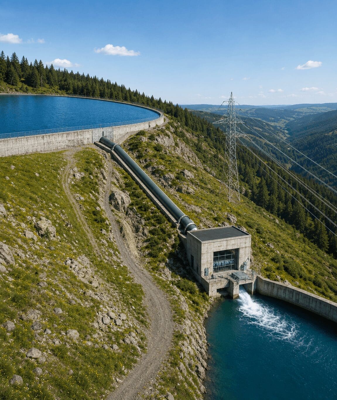 Photorealistic illustration of a pumped hydro energy storage system showing upper and lower reservoirs connected by a penstock to an underground reversible pump-turbine powerhouse.